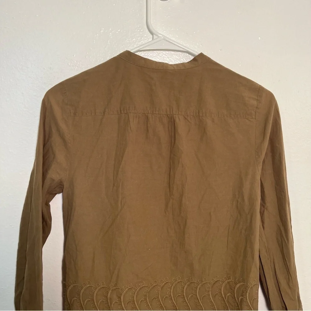 J. Crew Women's Sz 0 Delaney Eyelet-Trim Shirt Spiced Olive Green Tan Collarless